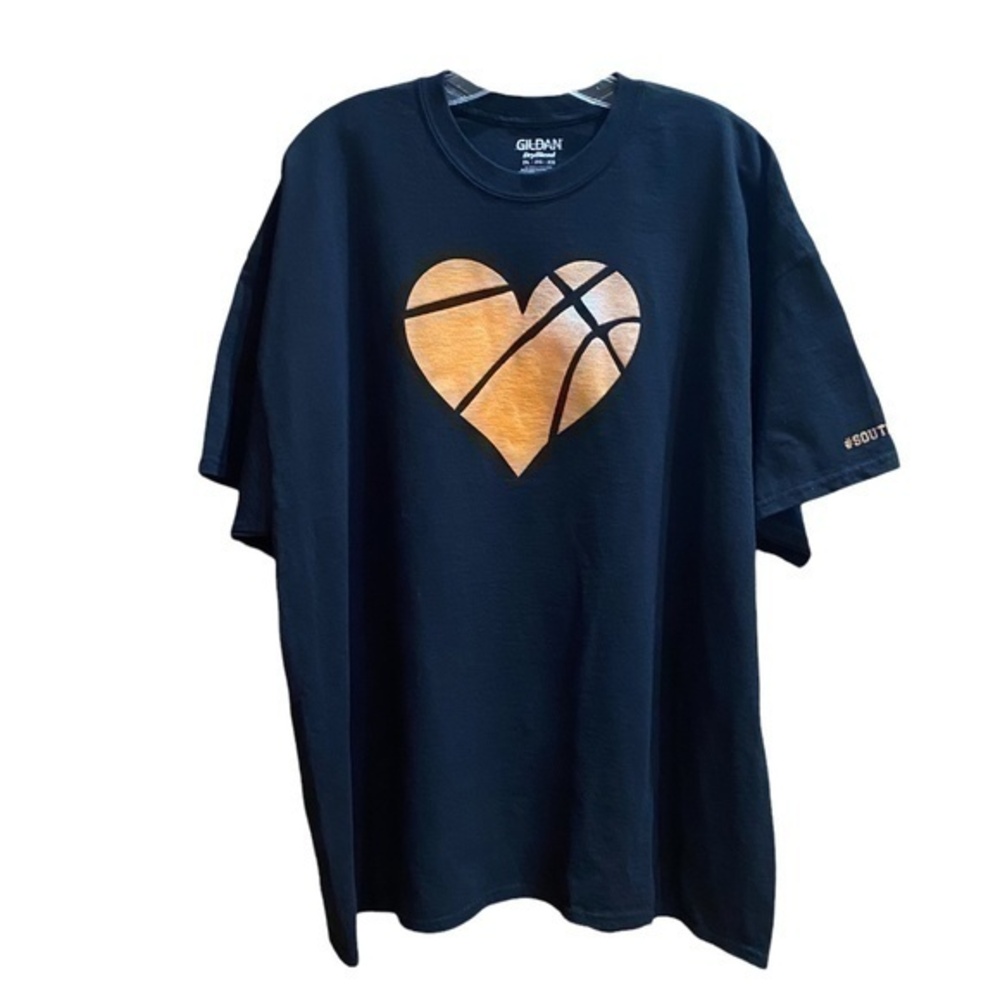Gildan Dry Blend Black Orange Graphic Heart Basketball T-Shirt Men Size 2XL